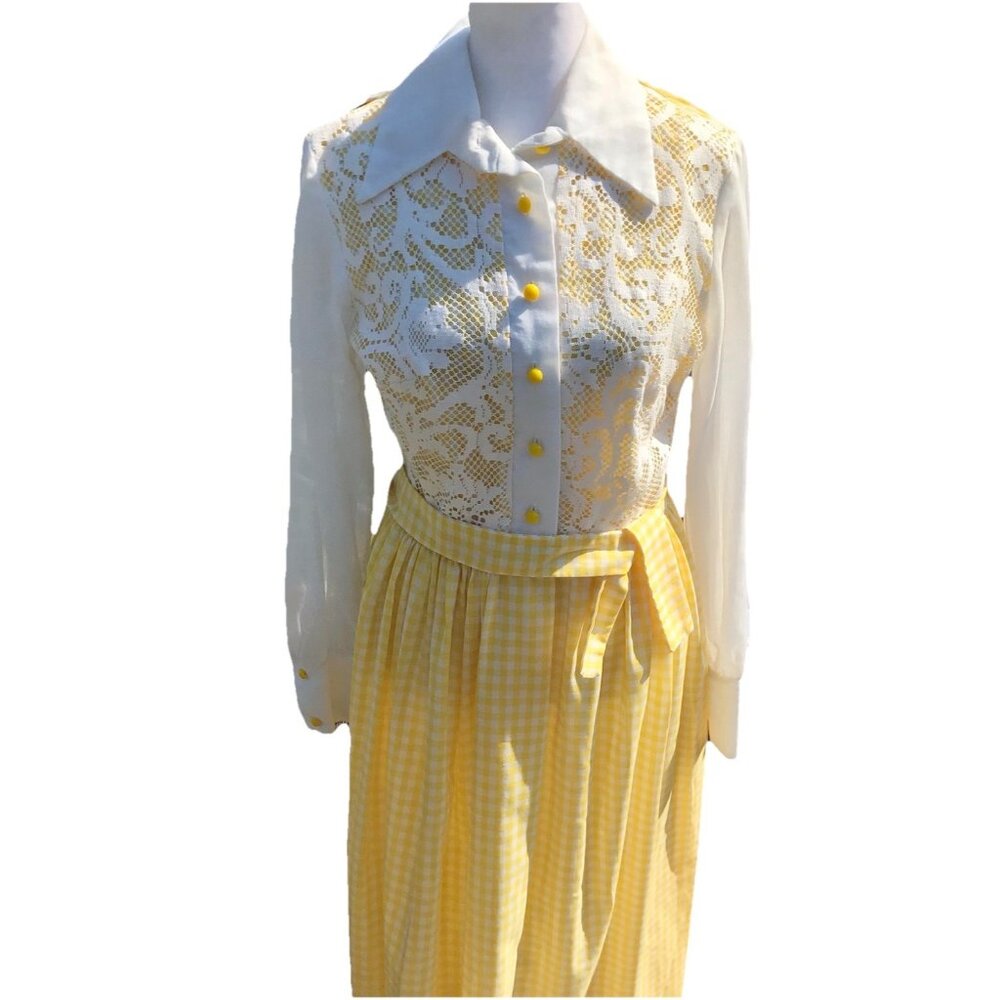 Vtg 60s 70s Mr Bob Rare Maxi Dress Yellow Gingham Lace Cottagecore Boho Mod S